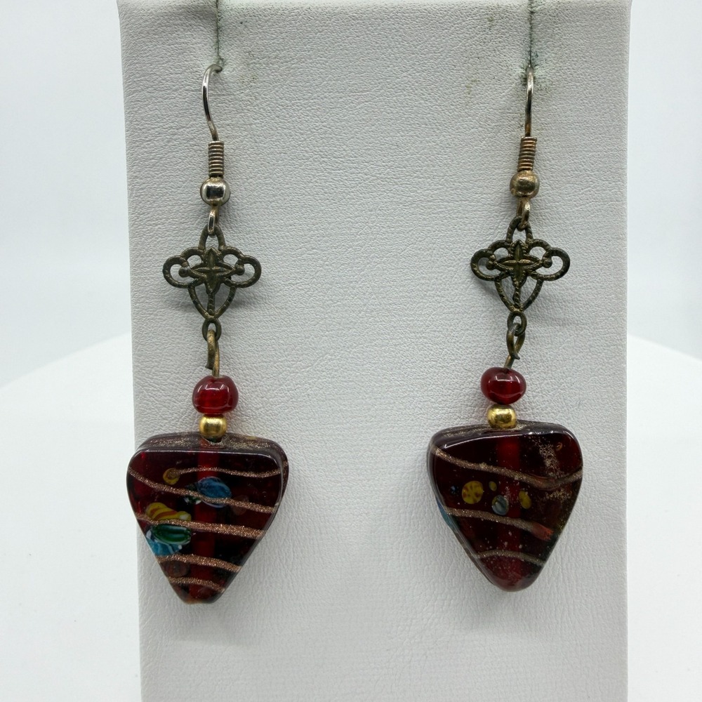 Red Lampwork Glass Triangle Dangle Earrings Bronze Tone Bohemian Artisan Bead